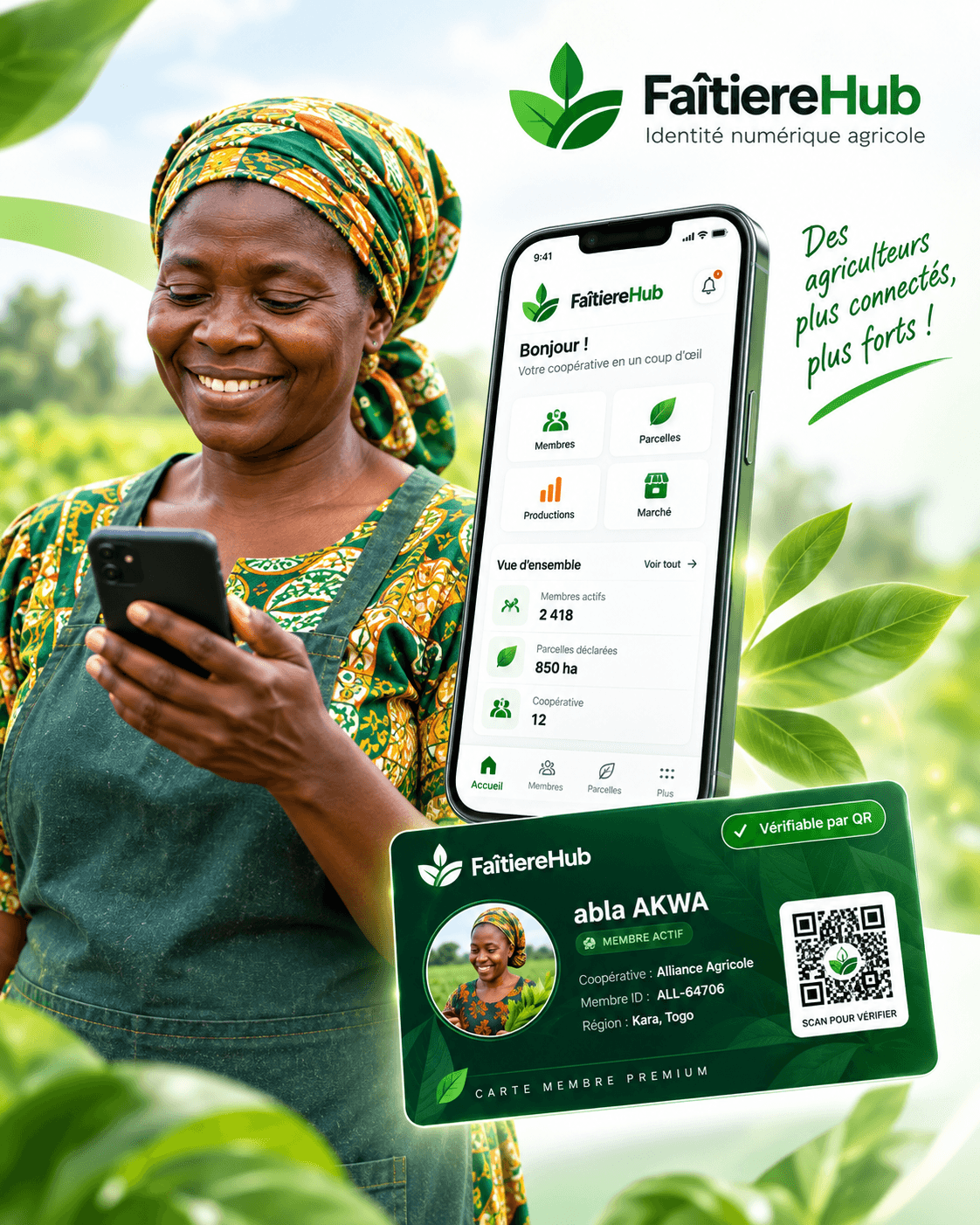 Agricultrice consultant le tableau de bord FaîtiereHub, à côté d'une carte membre vérifiable par QR code